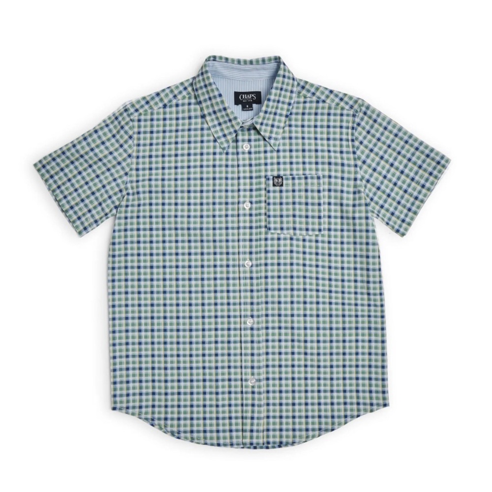 Chaps Plaid Short Sleeve Button Down Shirt Size 18 Big Kid Boy in Green/…
